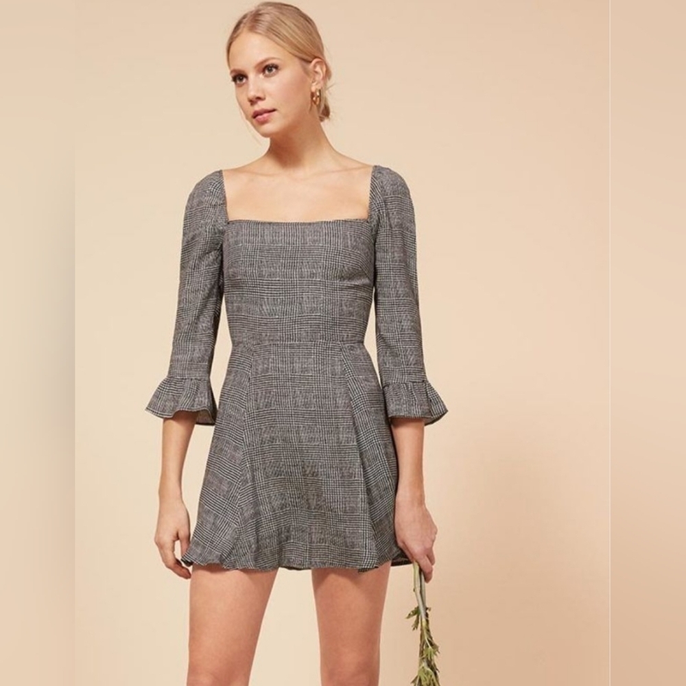 Reformation Julien Elegant Gray Plaid Mini Dress